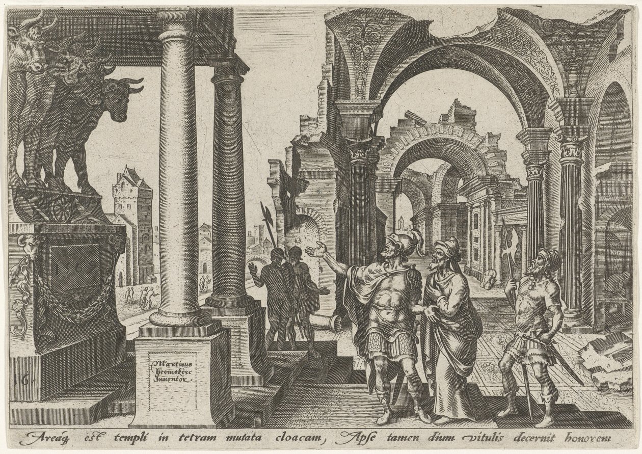 Jehu aanbidt het afgodsbeeld van de gouden kalveren door Philips Galle
