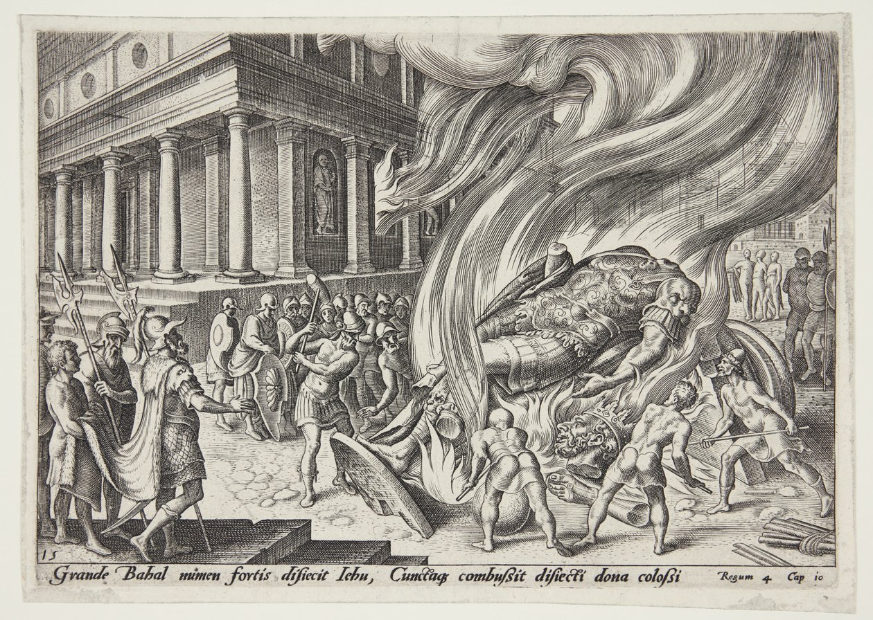 Jehu vernietigt de tempel en het beeld van Baäl door Philips Galle