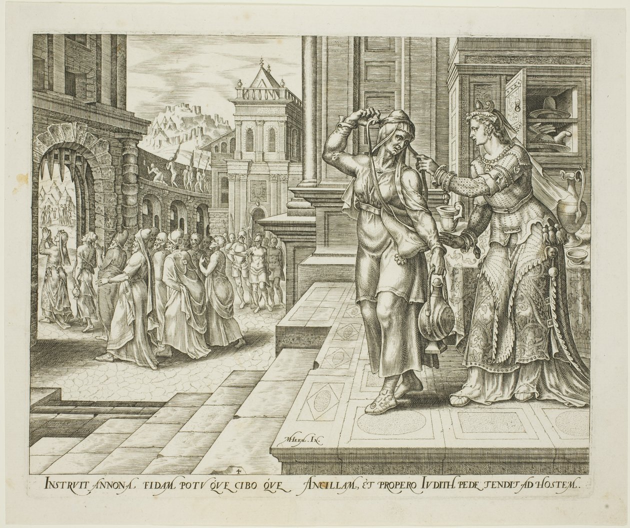 Judith bereidt zich voor op haar vertrek naar het kamp van de vijanden, plaat vier uit Het verhaal van Judith en Holofernes door Philips Galle