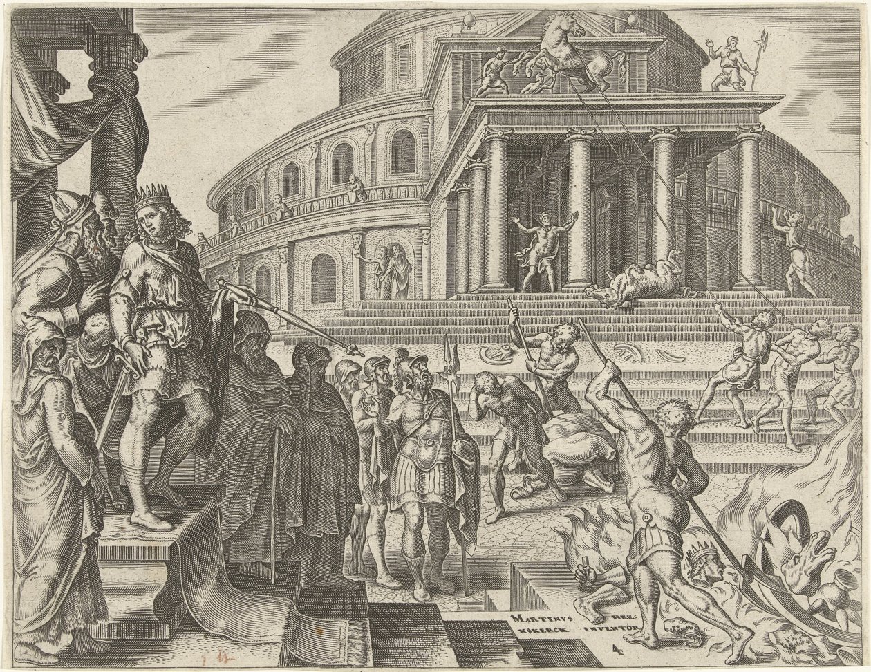 Koning Josia laat de paarden en wagens ter ere van de zon verwijderen door Philips Galle
