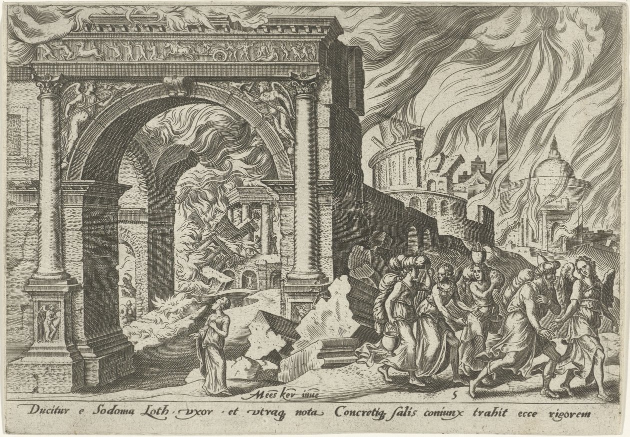 Loth en zijn familie verlaten de stad Sodom door Philips Galle