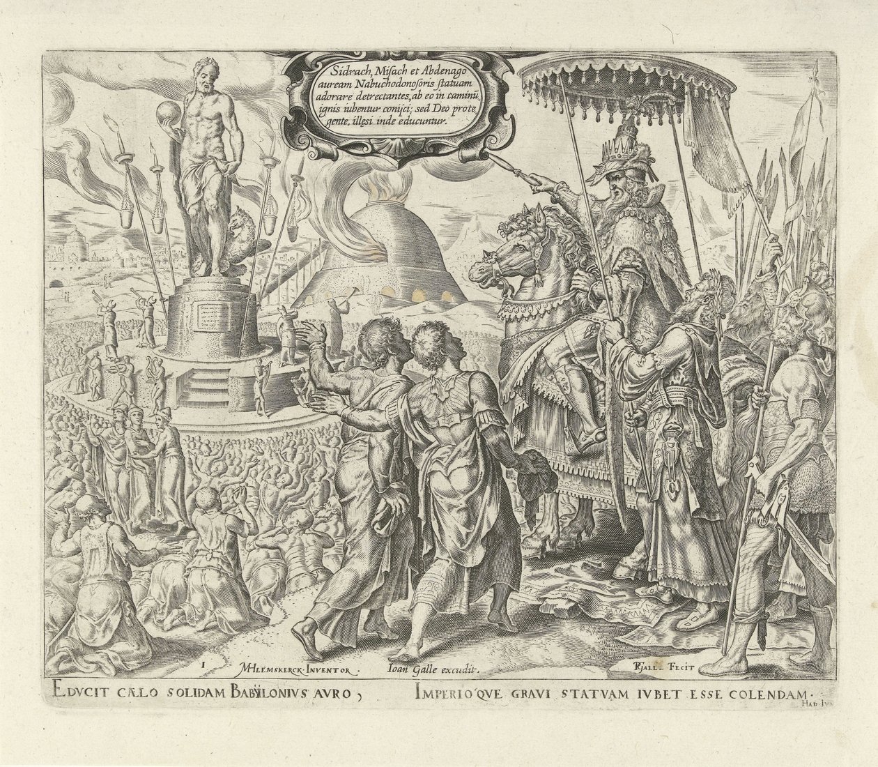 Nebukadnessar beschuldigt Sadrach, Mesach en Abednego (Geschiedenis van Sadrach, Mesach en Abednego) door Philips Galle