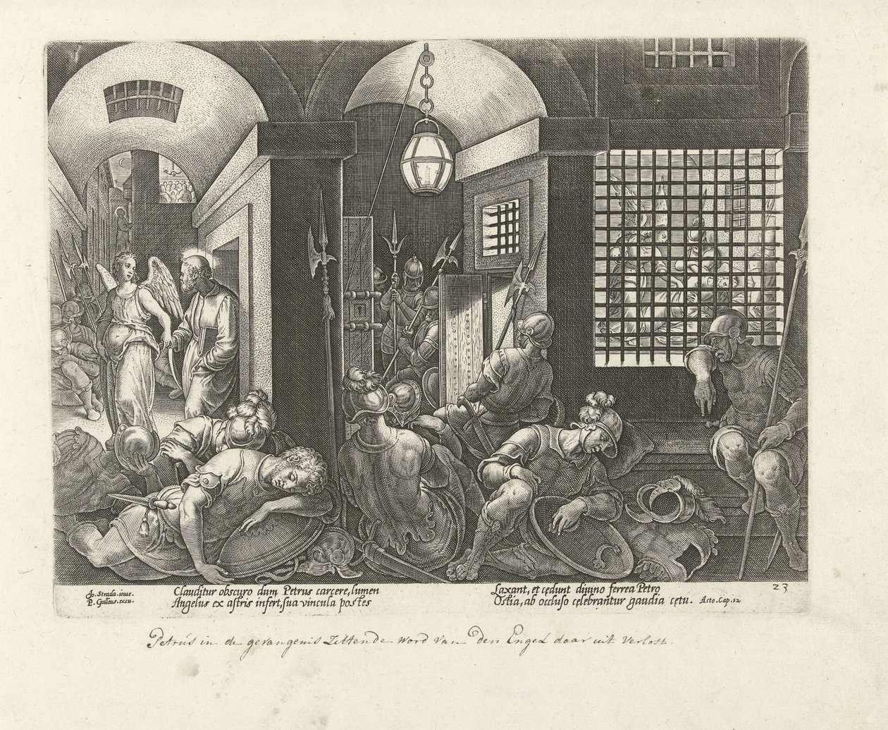 Petrus wordt door de engel uit de gevangenis bevrijd door Philips Galle