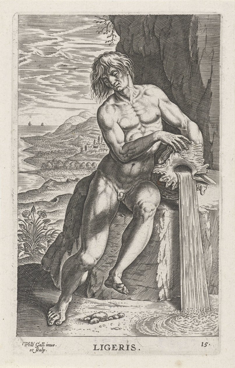 Riviergod Ligeris Ligeris Rivier- en zeegoden Semideorum Marinorum amnicorumque sigillariae imagines perelegantes (serie) door Philips Galle
