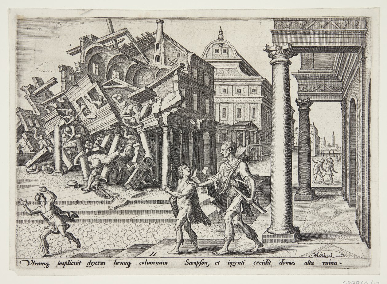 Simson vrijgelaten uit de gevangenis en het vernietigen van de tempel van de Filistijnen door Philips Galle