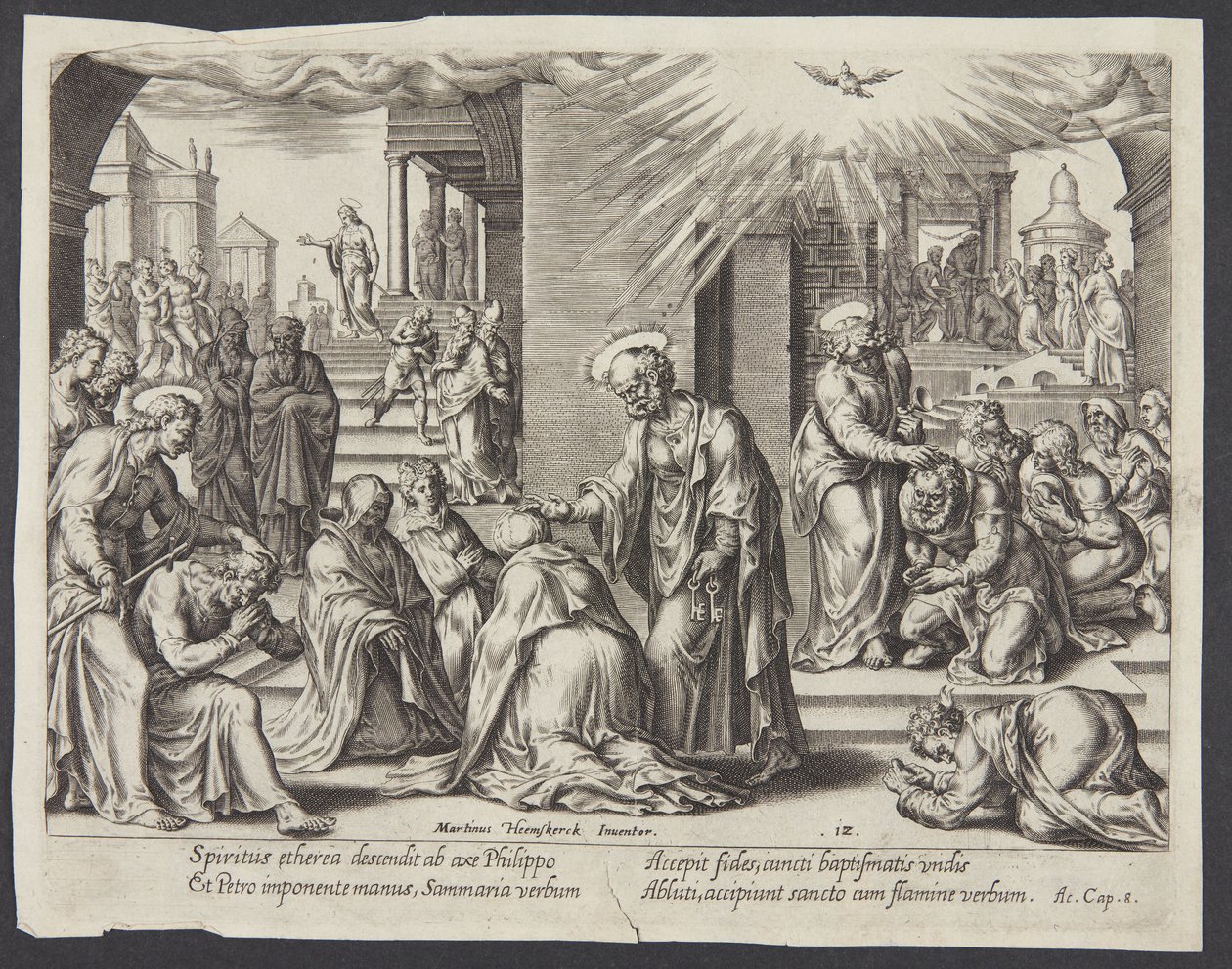 St. Petrus, St. Johannes en St. Philippus leggen hun handen op de gedoopten in Samaria door Philips Galle