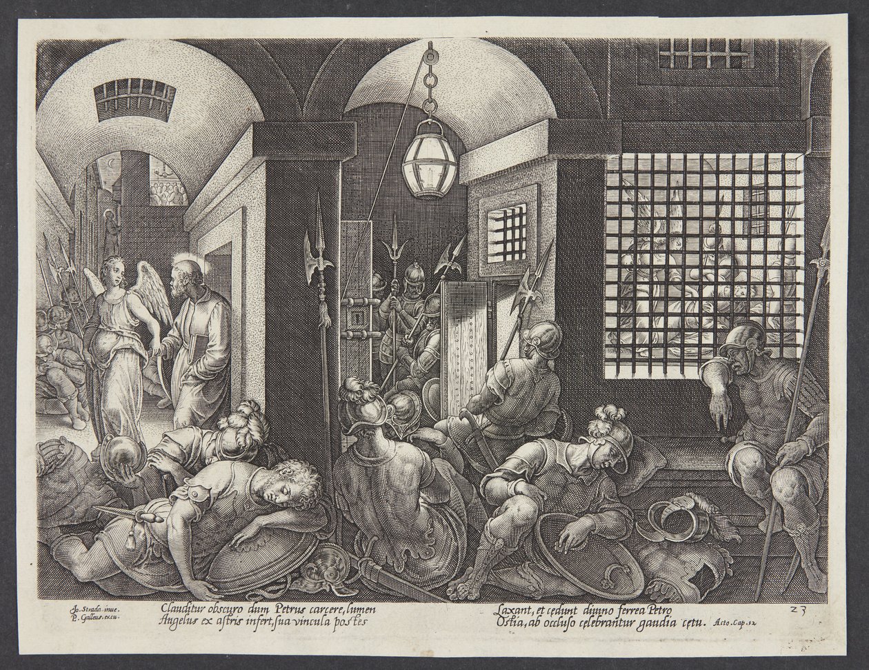 Sint Petrus bevrijd uit de gevangenis door de engel door Philips Galle