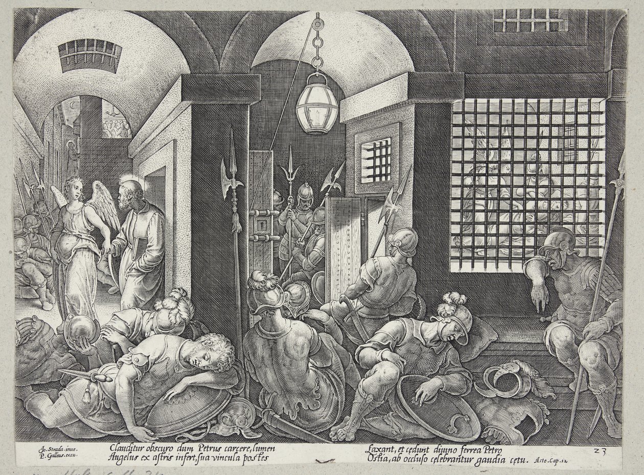 Sint-Pieter bevrijd uit de gevangenis door de engel door Philips Galle