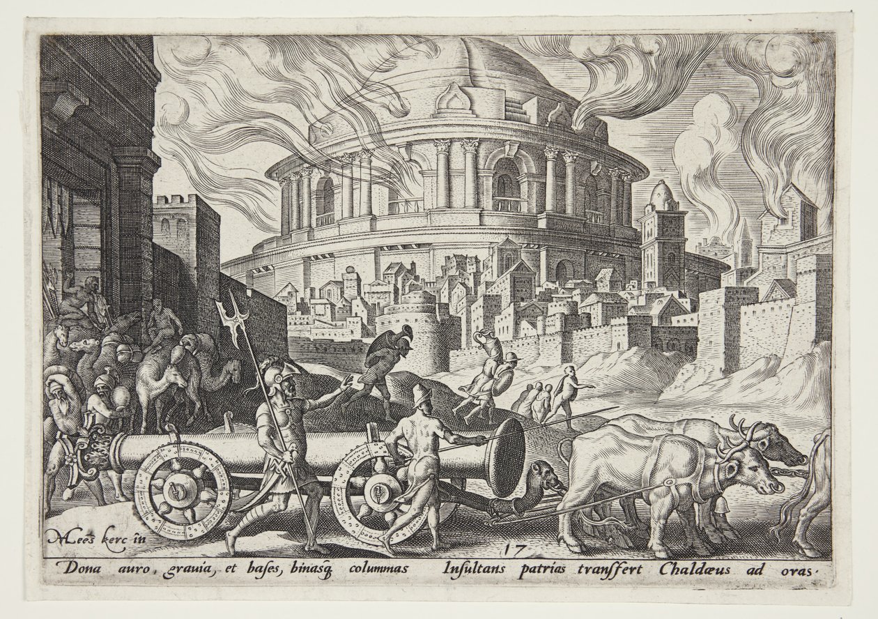 De Chaldeeën nemen de zuilen van de tempel van Jeruzalem mee door Philips Galle