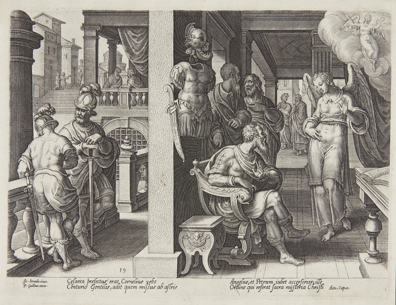 De engel stuurt Cornelius naar St. Peter door Philips Galle