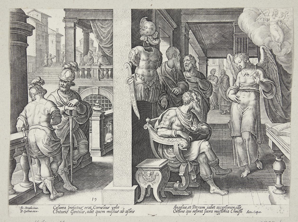 De engel stuurt Cornelius naar St. Peter door Philips Galle