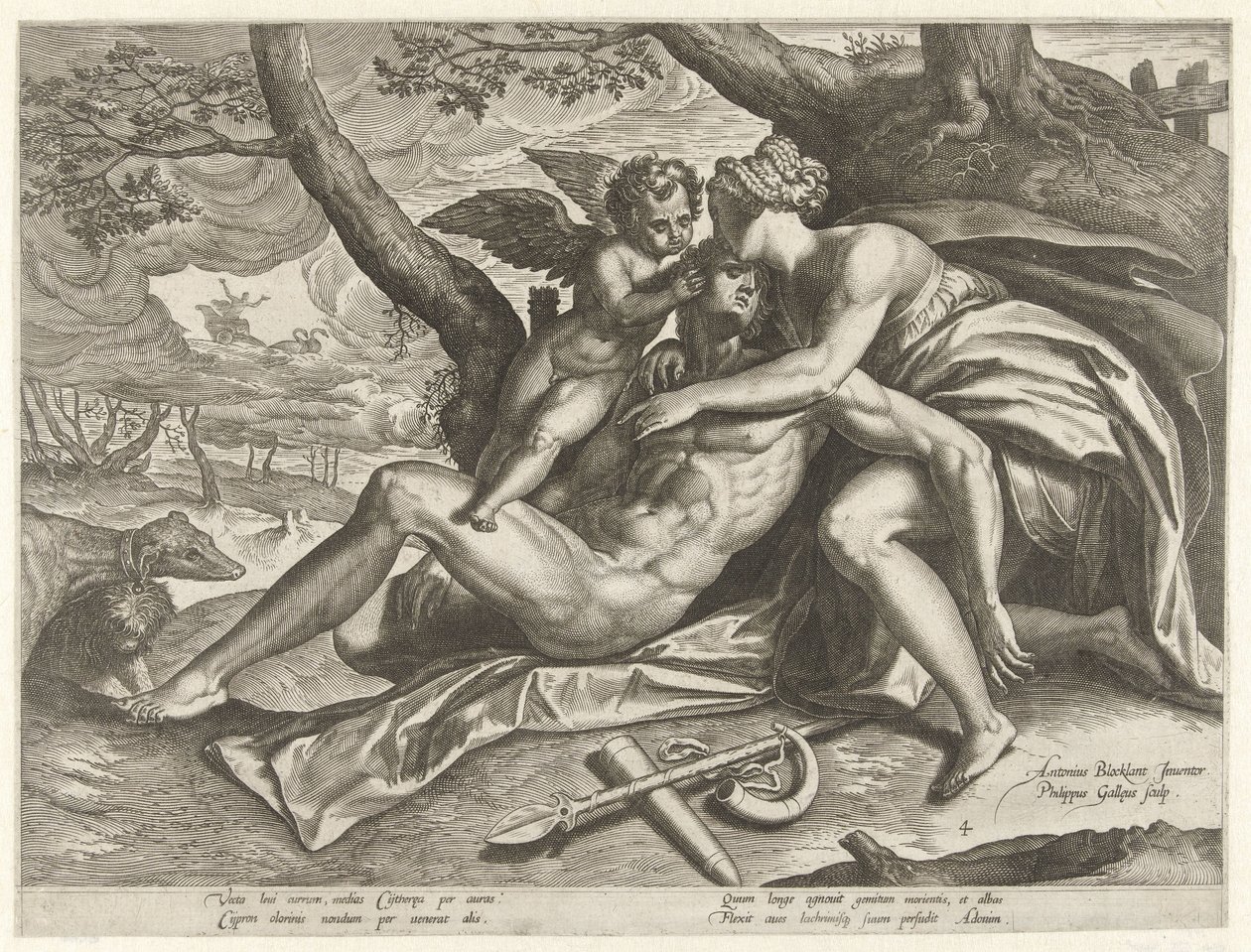 Venus treurt over de dood van Adonis door Philips Galle