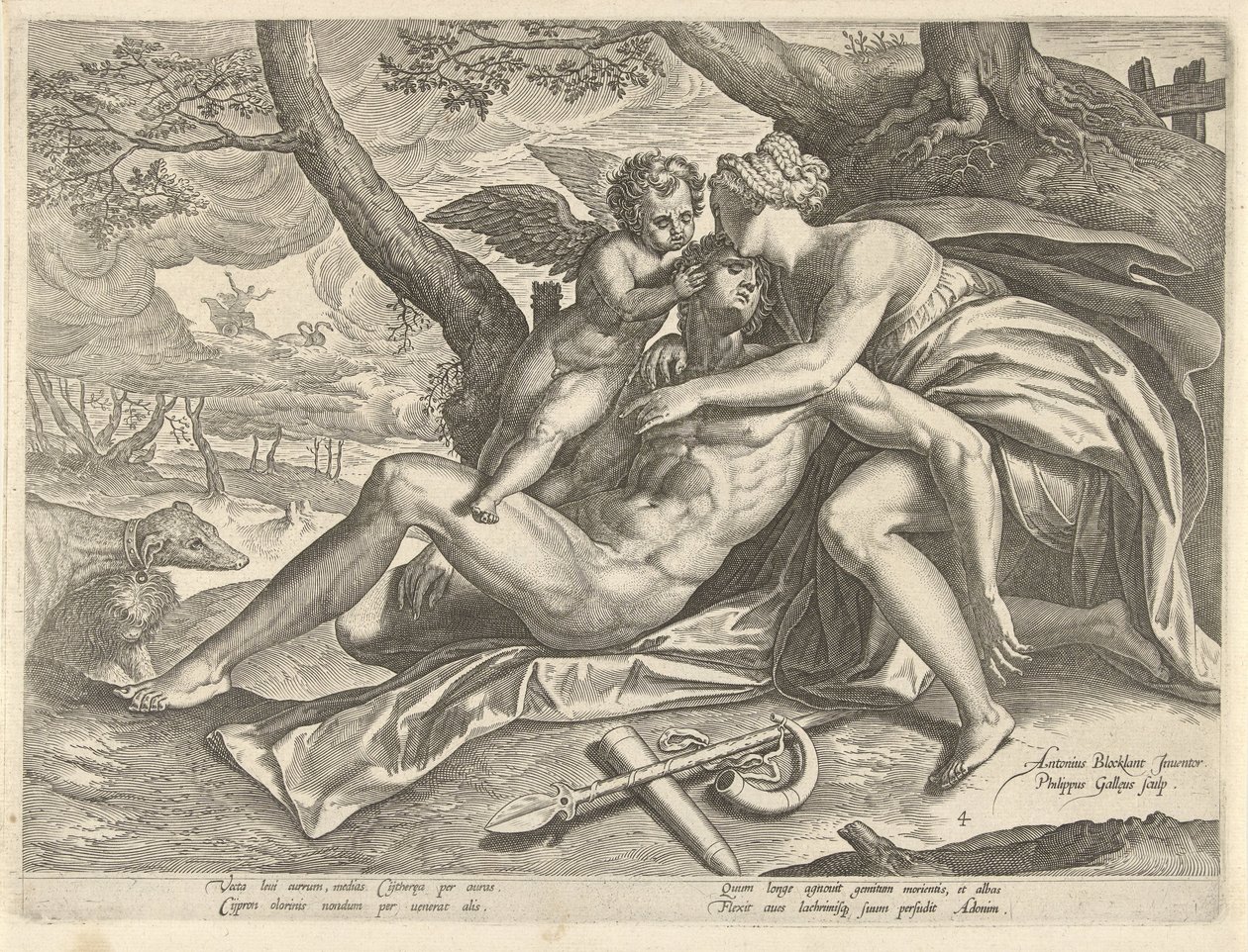 Venus treurt over de dood van Adonis door Philips Galle