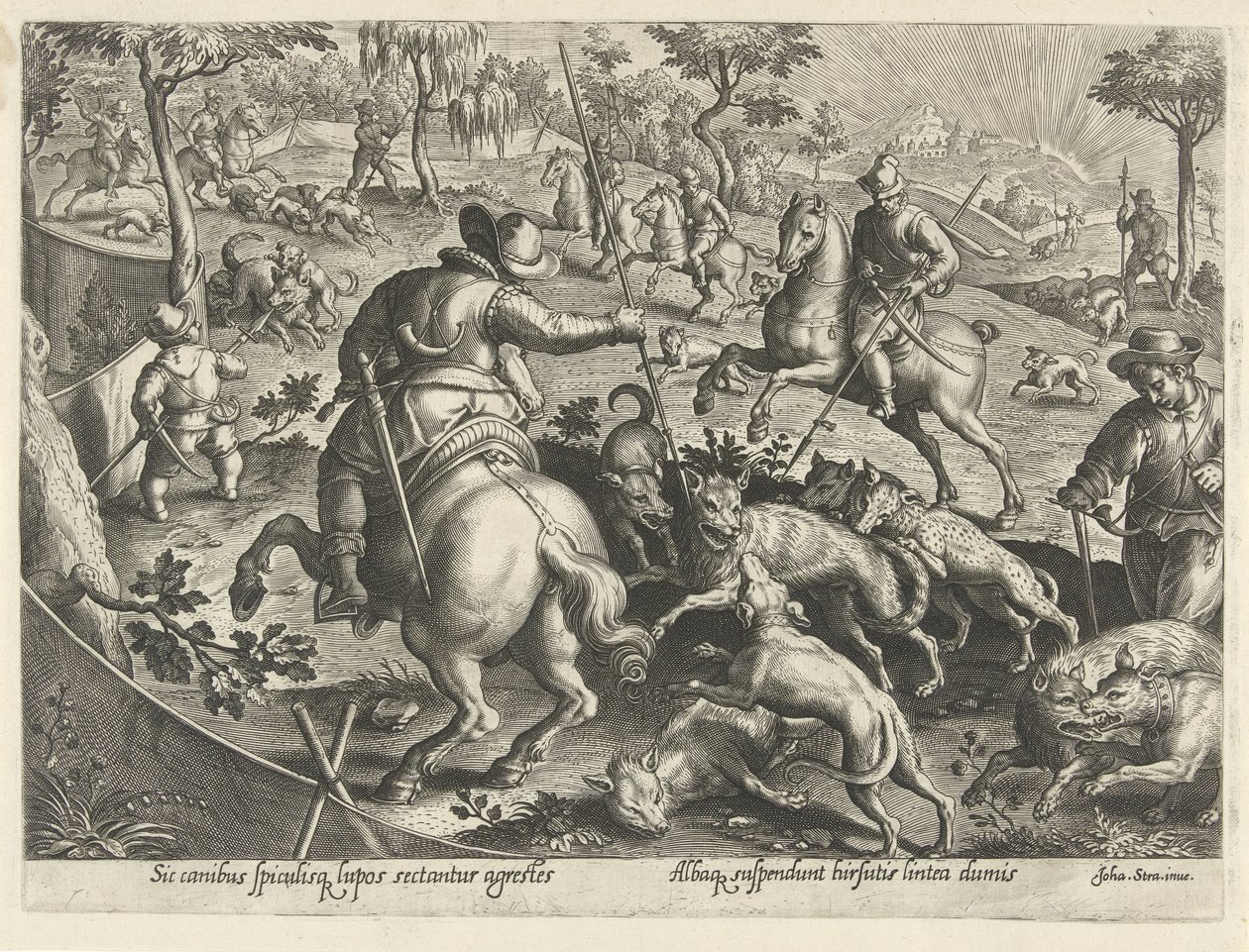 Wolvenjacht met speren door Philips Galle