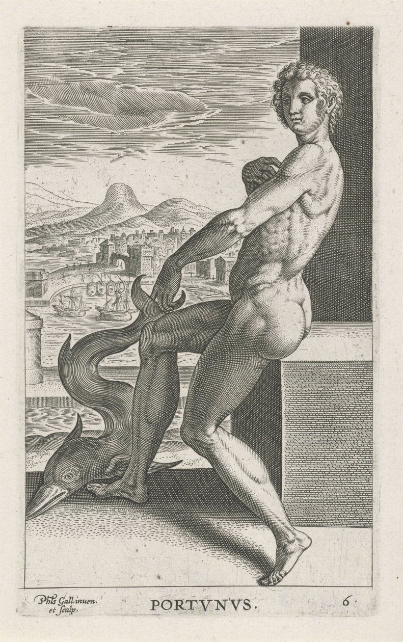 Zeegod Portunus (serie titel: Rivier- en zeegoden) door Philips Galle