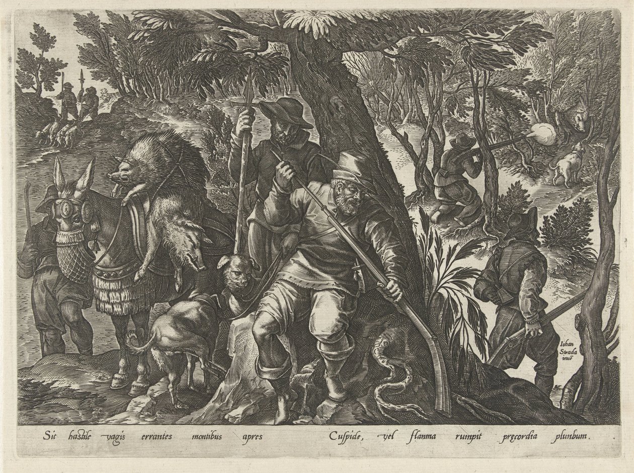 Zwijnenjacht met geweren door Philips Galle