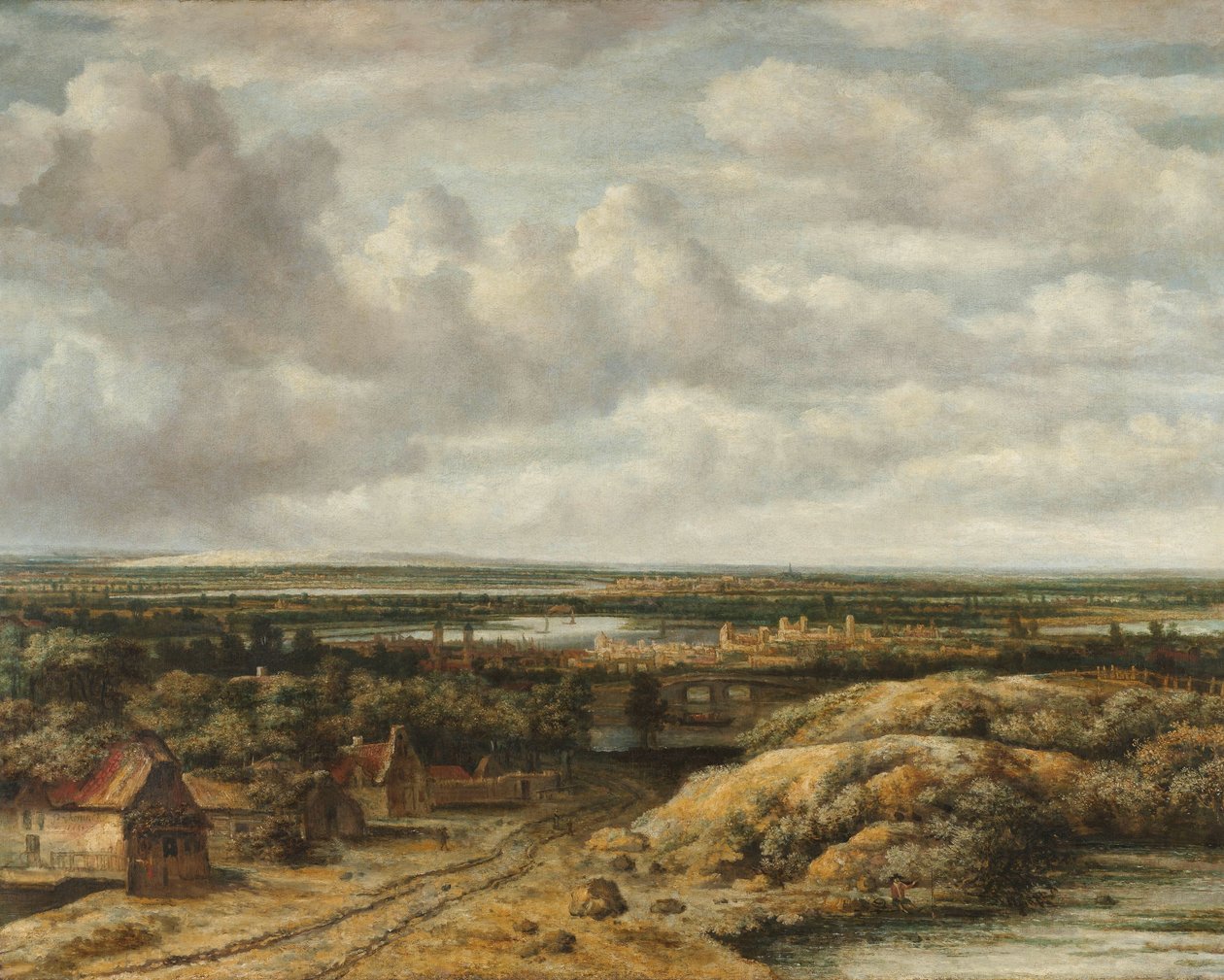 Verre uitzicht met huisjes langs een weg door Philips Koninck