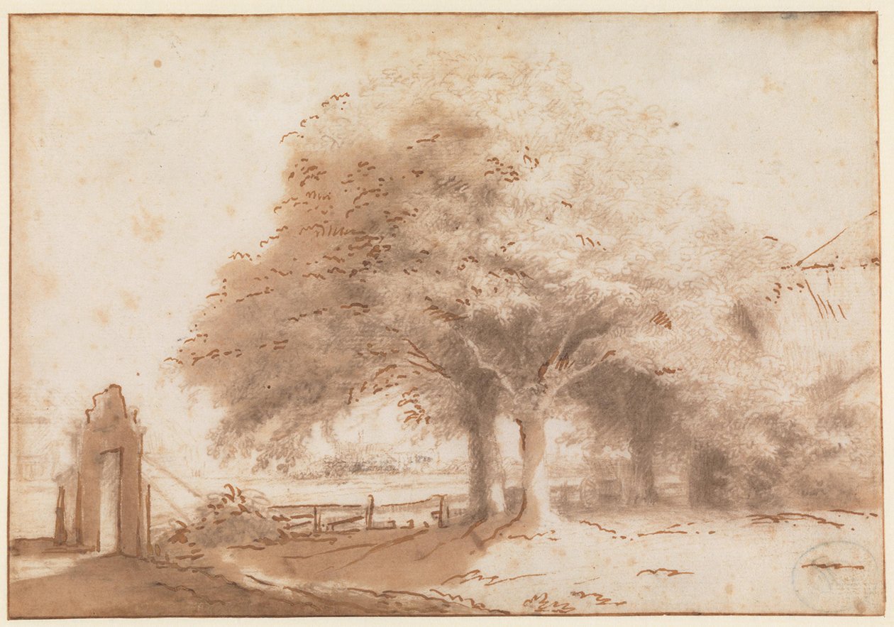 Hoge bomen voor een boerderij door Philips Koninck