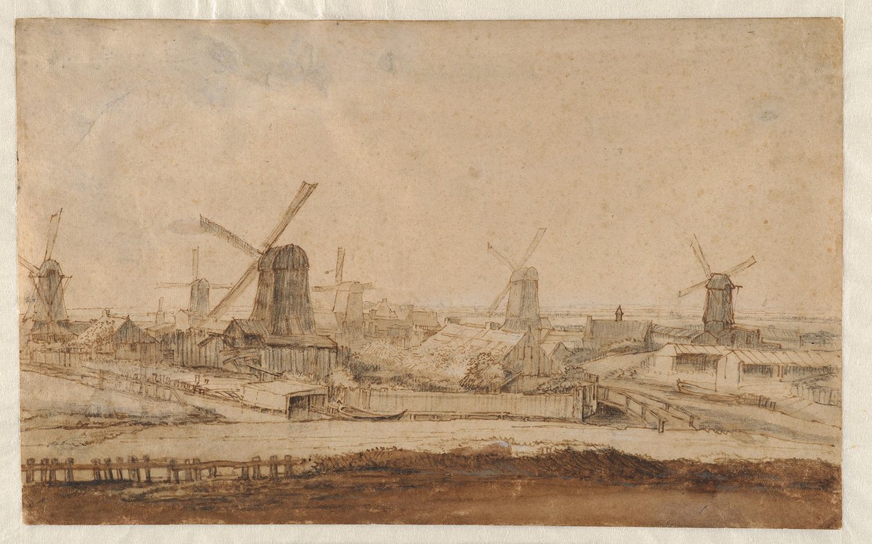 Houtzaagmolens buiten de Raampoort door Philips Koninck