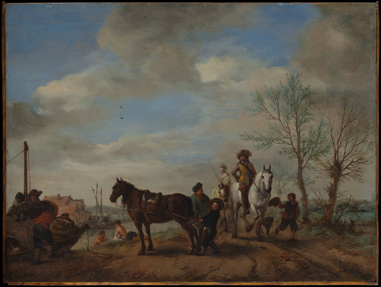 Een man en een vrouw te paard door Philips Wouwerman