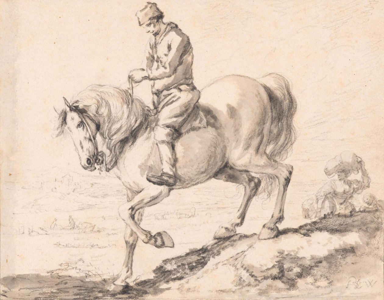 Een ruiter steekt met zijn paard een beek over door Philips Wouwerman