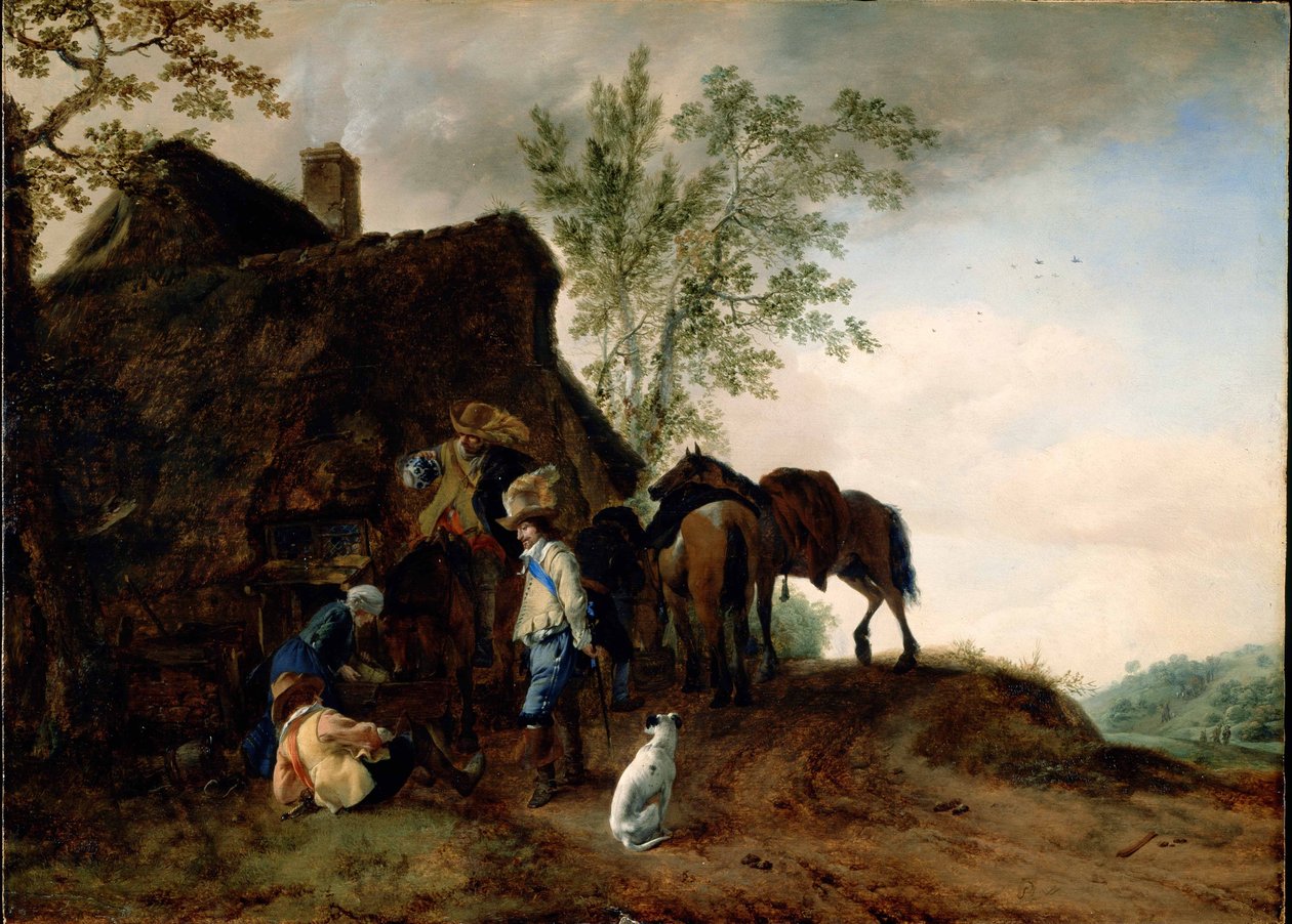 De ruiters maken halt bij een herberg door Philips Wouwerman