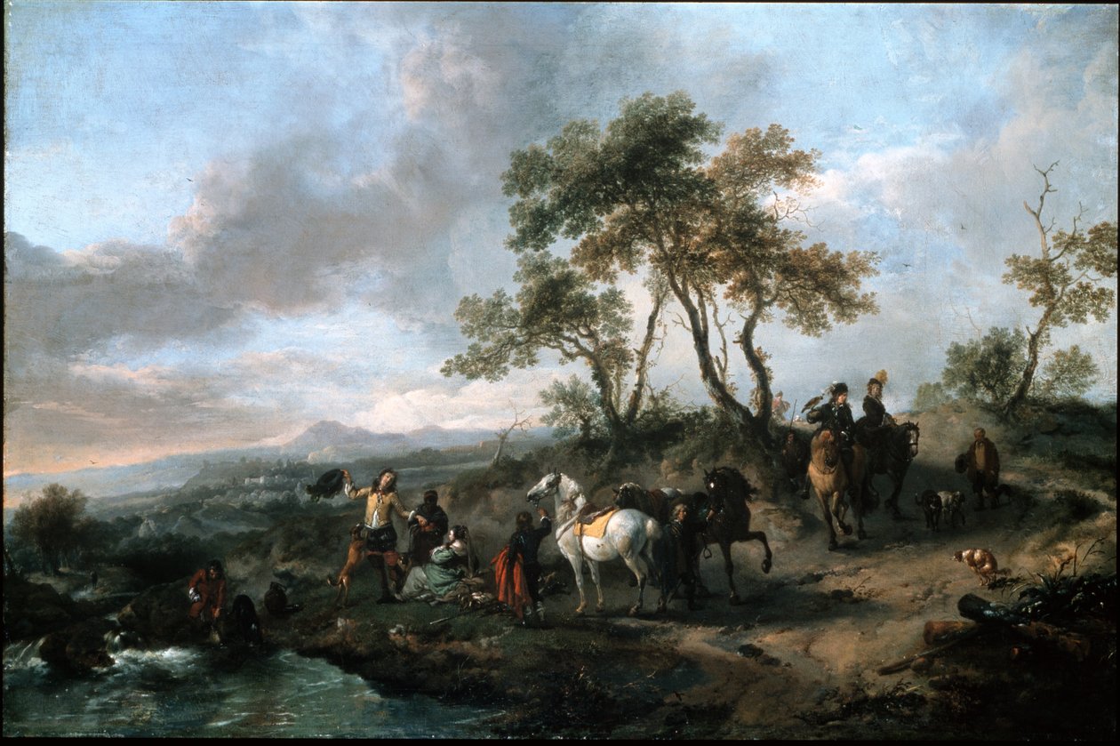Rust van een jachtgezelschap door Philips Wouwerman