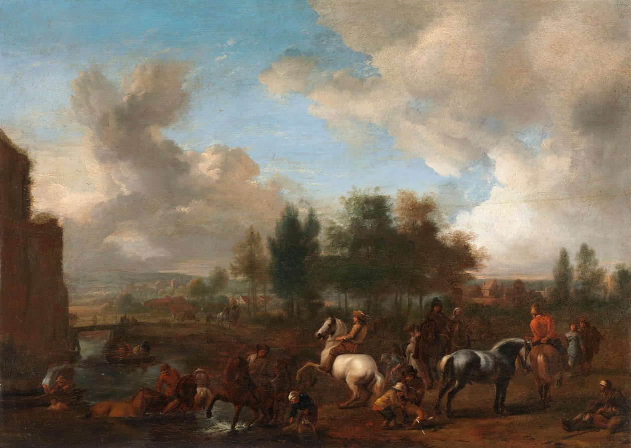 Paarden bij de drinkplaats: een landschap door Philips Wouwerman