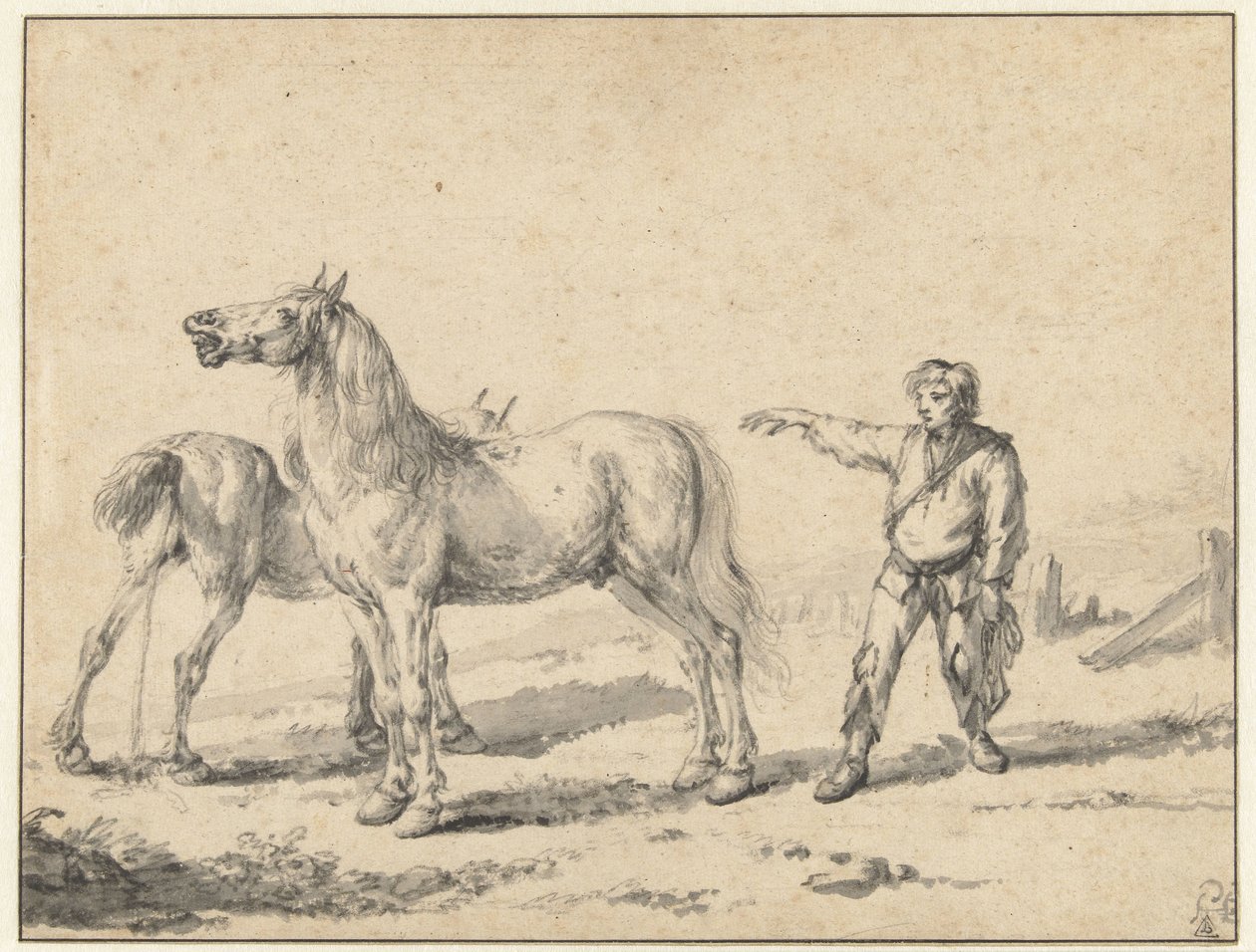 Twee paarden, een urineren en de ander hinniken, en een staande man met zijn rechterarm omhoog door Philips Wouwerman