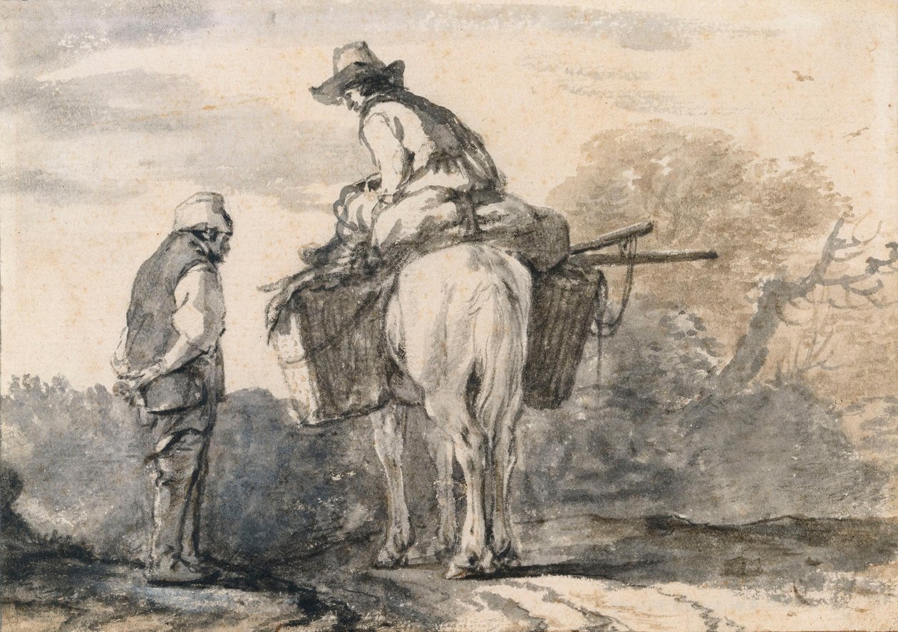 Twee reizigers in gesprek door Philips Wouwerman