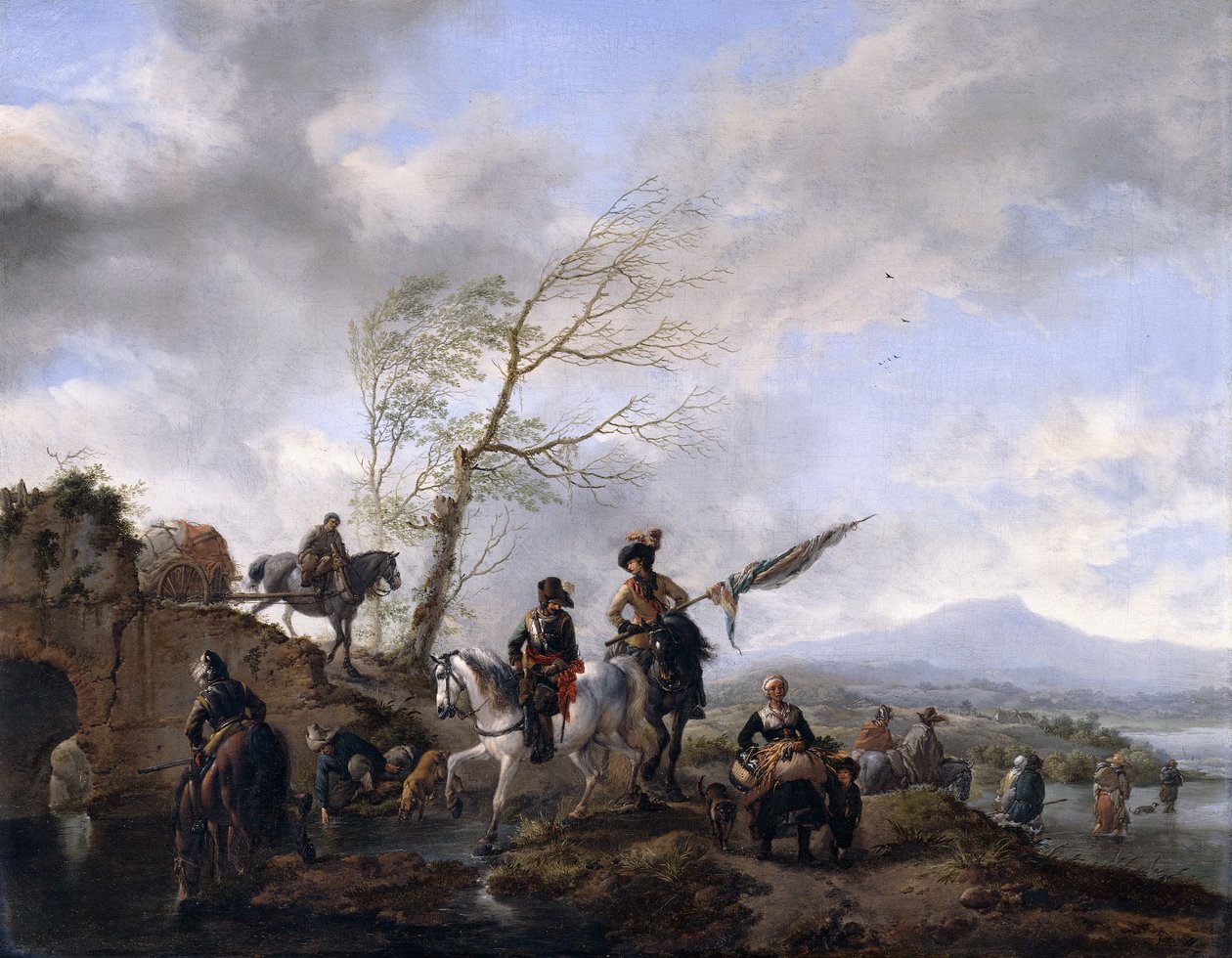 Een Uitgebreid Rivierlandschap met Soldaten en een Vaandeldrager die hun Paarden Water geven door Philips Wouwerman