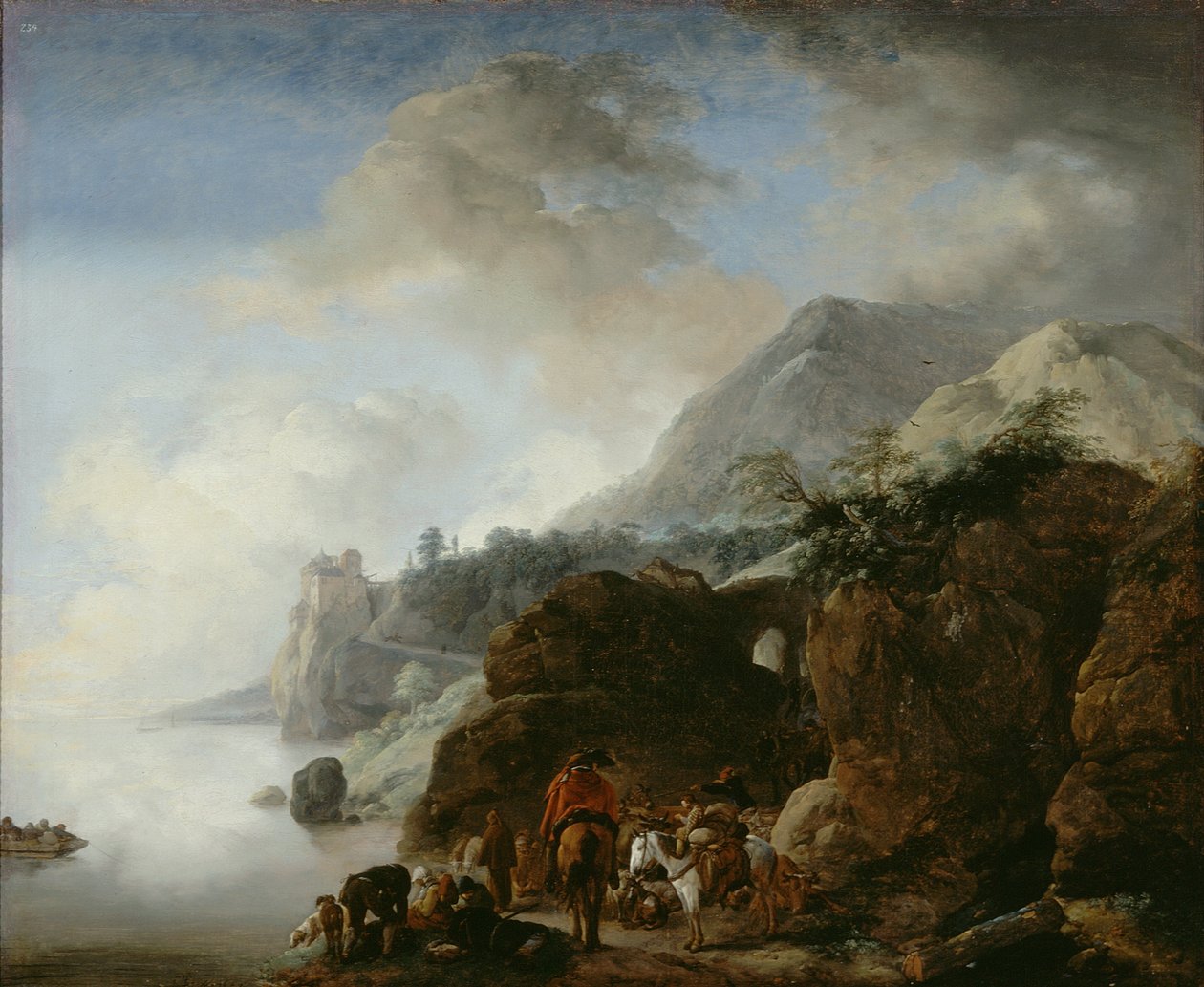 Reizigers in afwachting van een veerboot door Philips Wouwermans or Wouwerman