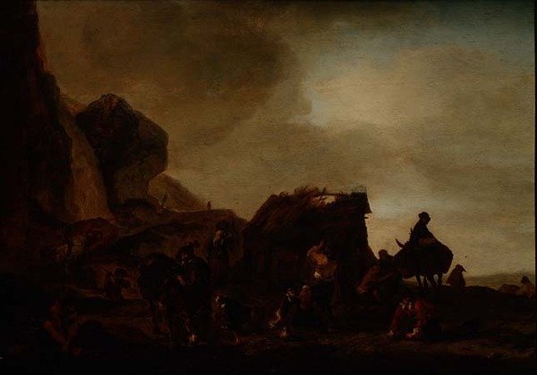 Reizigers en bedelaars bij een vervallen hut door Philips Wouwermans or Wouwerman
