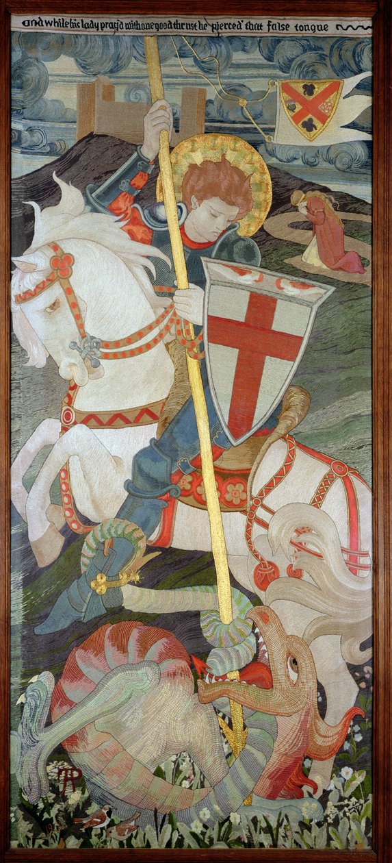 St. George Doodt De Draak, Met Una Biddend Op De Achtergrond, 1904 (borduurwerk) door Phoebe Anna Traquair