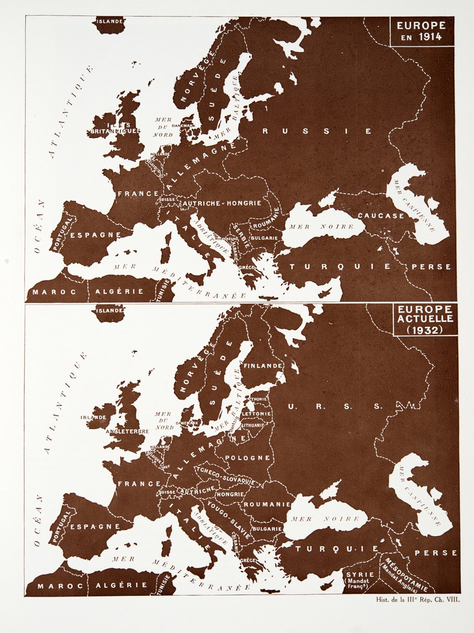 Kaart van Europa in 1914 en Europa in 1932, uit Histoire de la Troisieme Republique, Vol. I, l