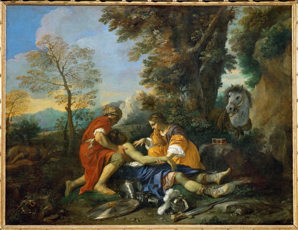 Herminie en Valfrino verzorgen Tancrede