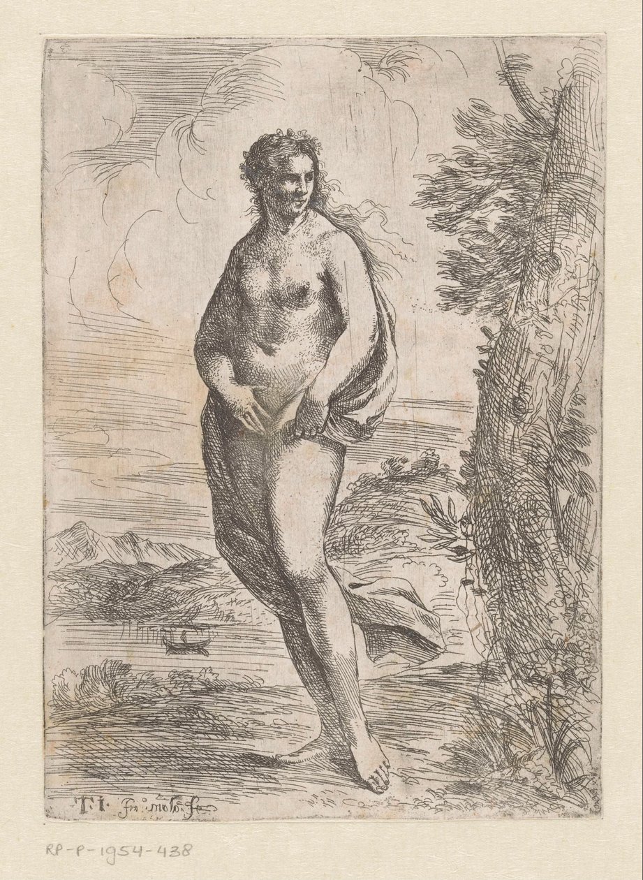 Staande naakte vrouw in landschap door Pier Francesco Mola
