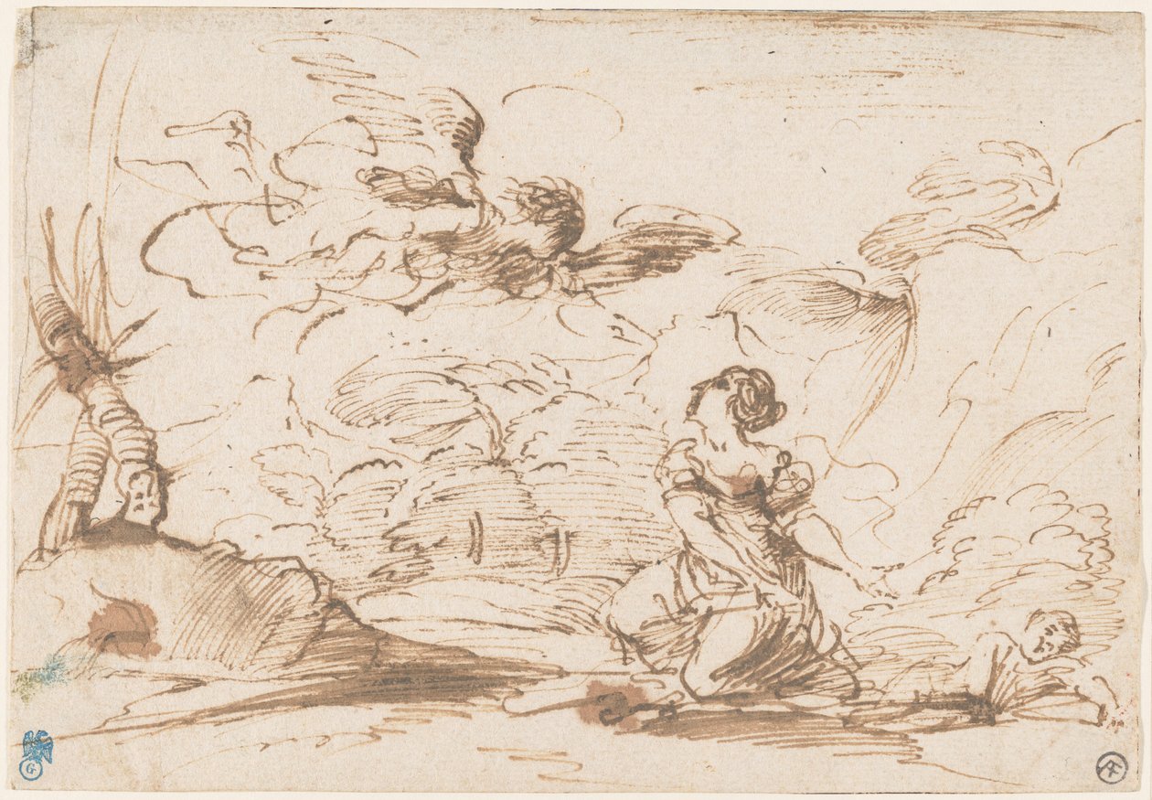 De engel verschijnt aan Hagar en Ismaël in de wildernis, ca. 1645 (pen en bruine inkt met bruin gewassen op geschept papier) door Pier Francesco Mola