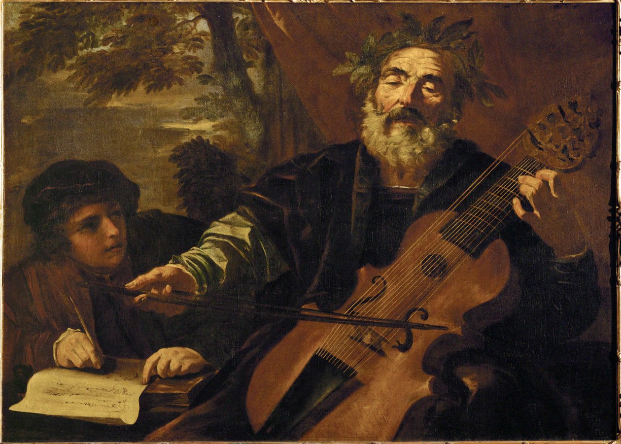 De dichter Homerus met een lyra da gamba, een instrument dat gebruikt werd om ballades te begeleiden in de (schilderij op doek) door Pier Francesco Mola