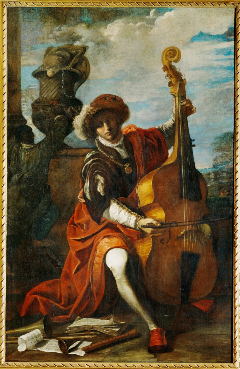 Jonge muzikant met een viola da gamba, mogelijk de beroemde muzikant van de Cappella Pontifica Bonaventura Argenti (schilderij op doek) door Pier Francesco Mola