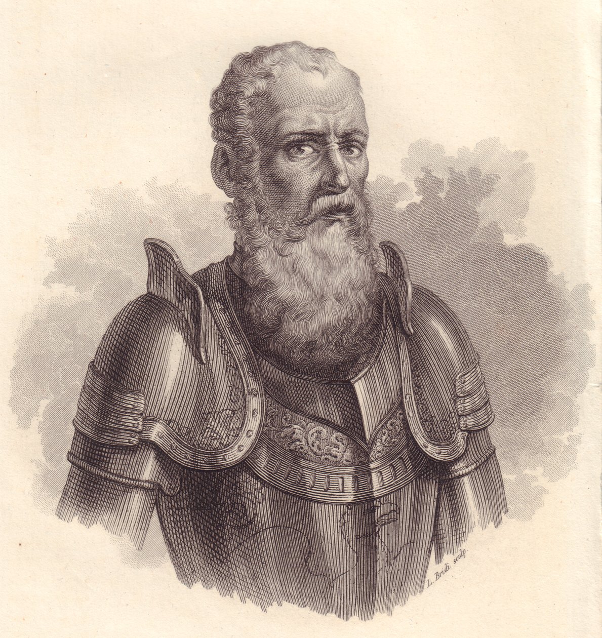 Portret van Italiaanse militaire leider Ezzelino III da Romano of Ecelino da Romano (1194-1259), kopergravure door Blaise Nicolas Le Sueur