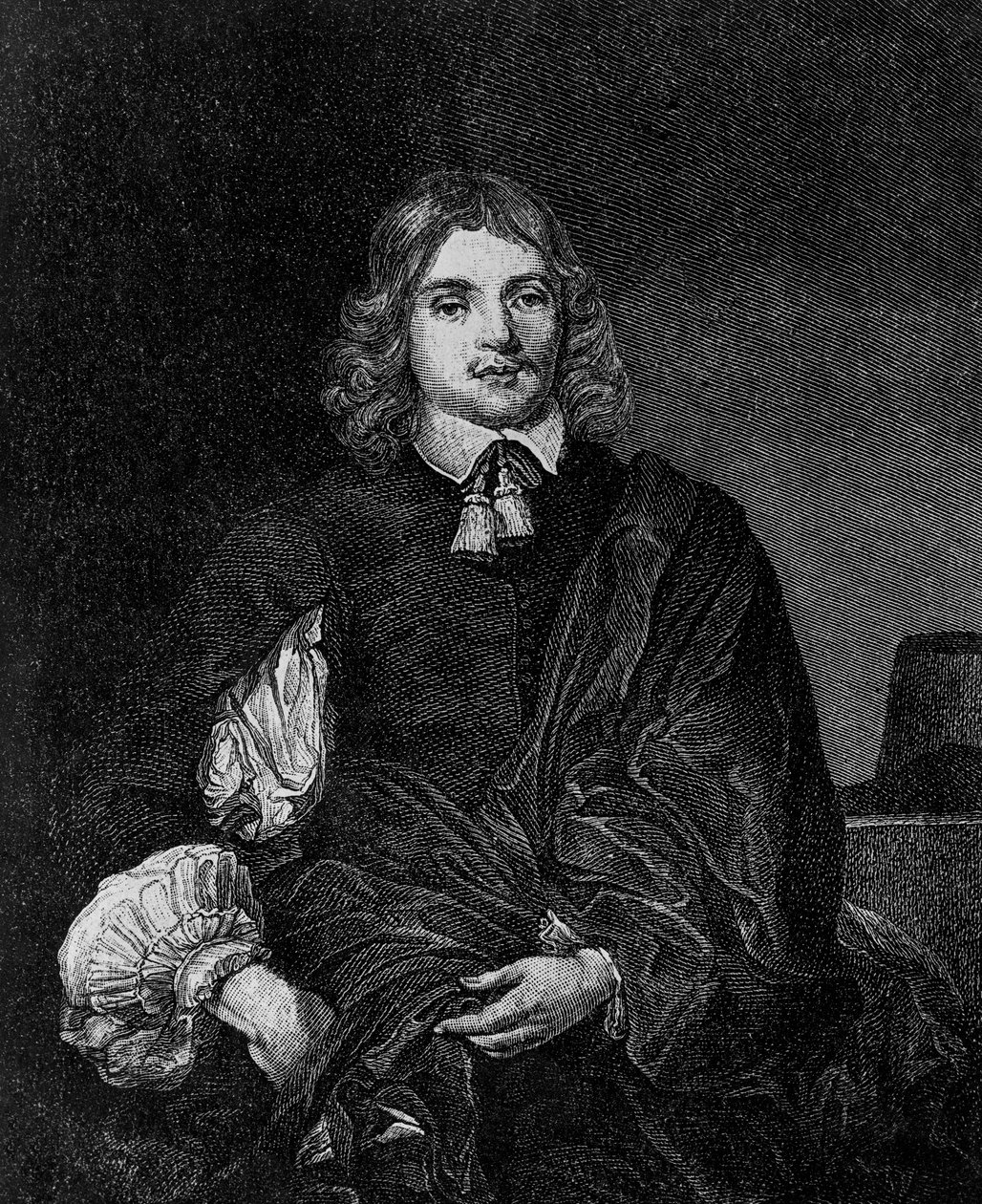 Portret van Lucius Cary, 2e burggraaf Falkland (circa 1610-1643), Engelse auteur, politicus en soldaat die staatssecretaris was van 1642 tot 1643, gravure door Blaise Nicolas Le Sueur