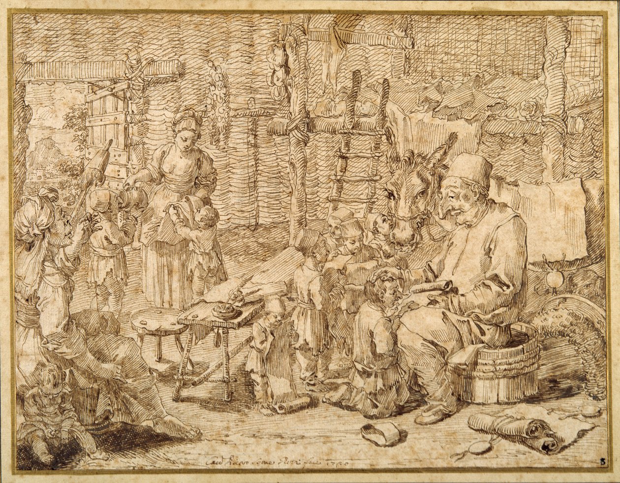 Polcinello geeft les in een schuur door Pier Leone Ghezzi