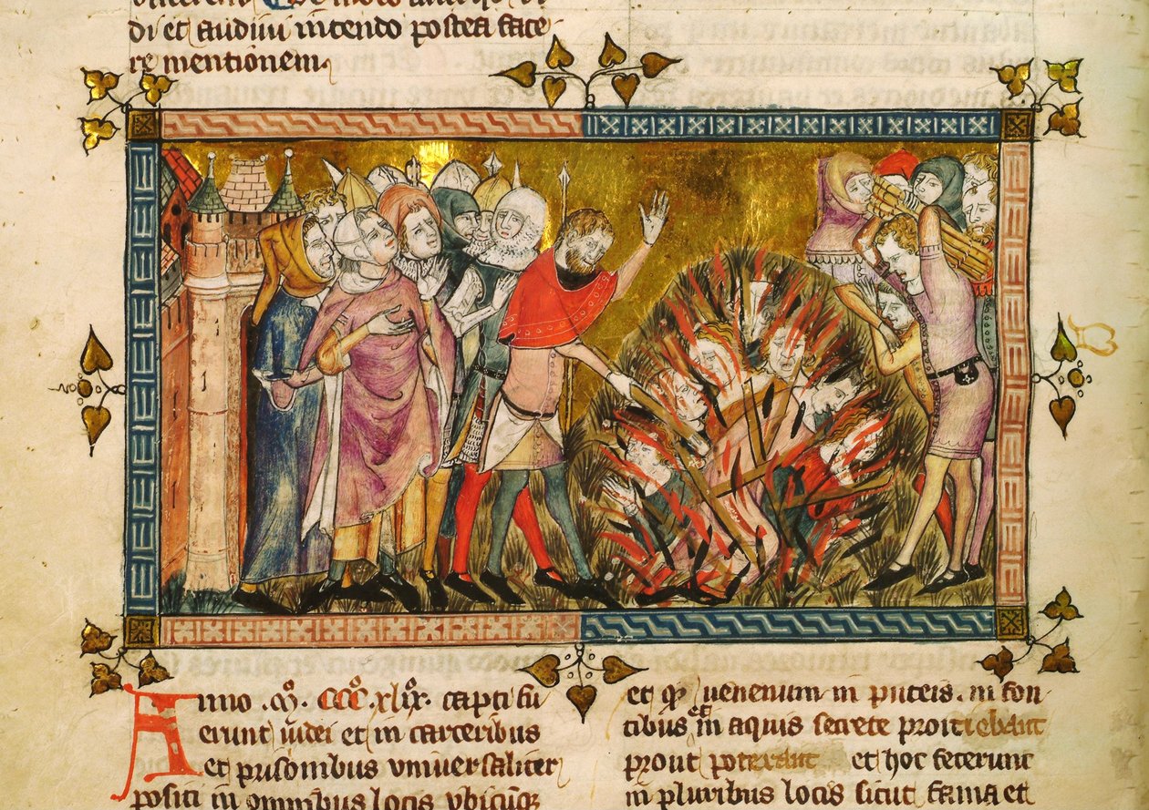 Verbranding van de Joden in 1349. Miniatuur uit: Tractatus quartus door Gilles de Muisit, ca 1353 door Pierart dou Tielt
