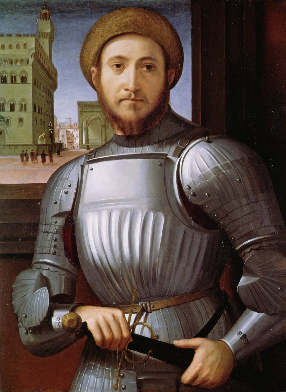 Portret van een man in harnas door Piero di Cosimo