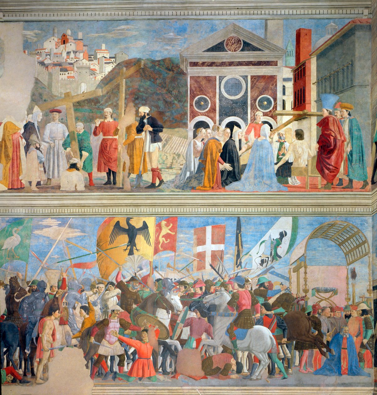 De Verificatie van het Ware Kruis, De Overwinning van Heraclius en de Executie van Chosroes in 628 AD, uit de Legende van het Ware Kruis cyclus, voltooid 1464 (post-restauratie) door Piero della Francesca