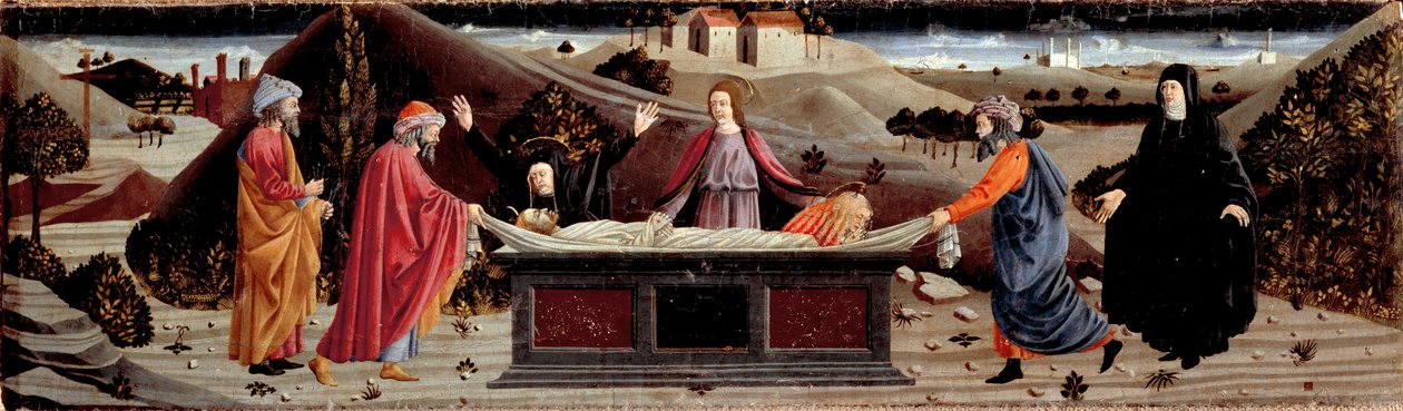 Polyptiek van de Barmhartigheid: rond het lichaam van Jezus Christus: Sint Jan, de Maagd Maria, Sint Maria Magdalena, Sint Jozef van Arimathea en Sint Nicodemus door Piero della (school of) Francesca