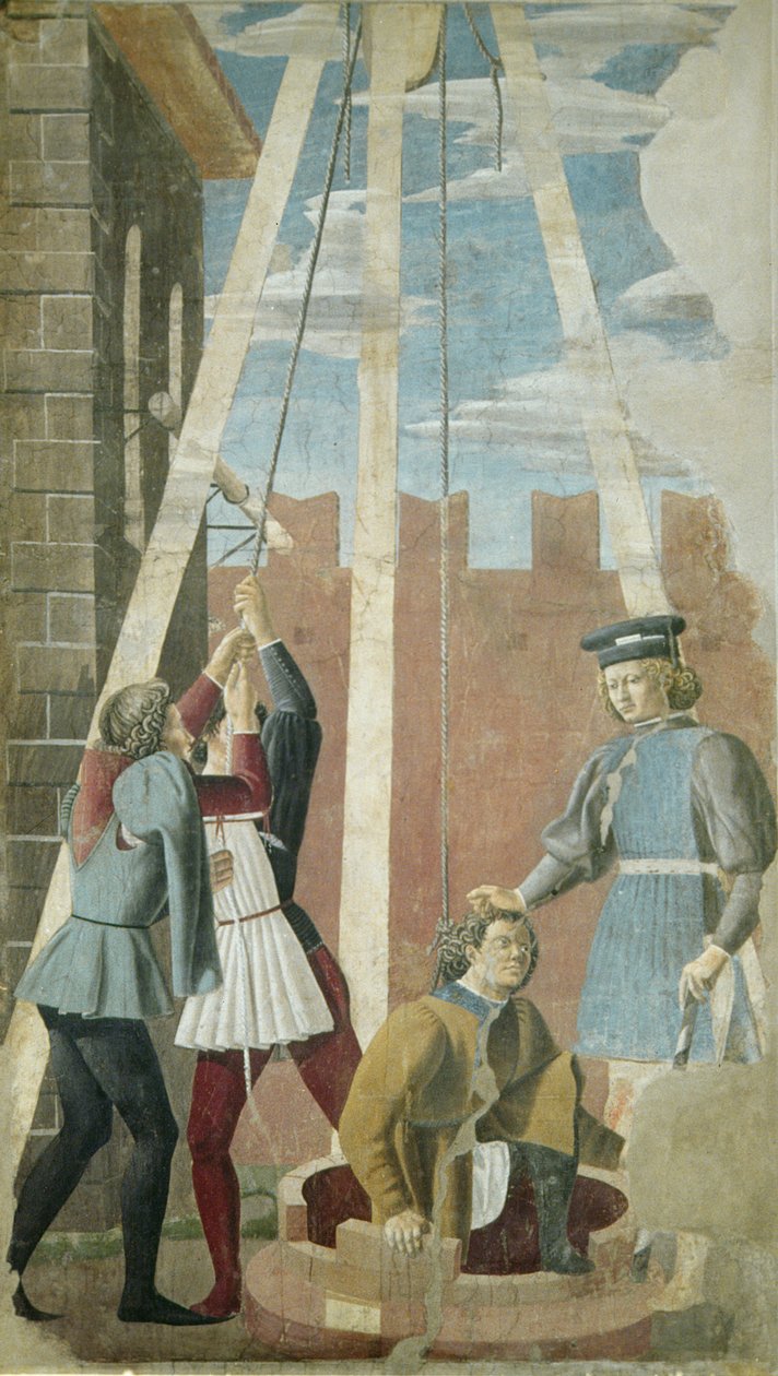 Marteling van de Jood: Judas wordt uit de put getrokken, uit de Ware Kruis Cyclus, voltooid 1464 door Piero della Francesca
