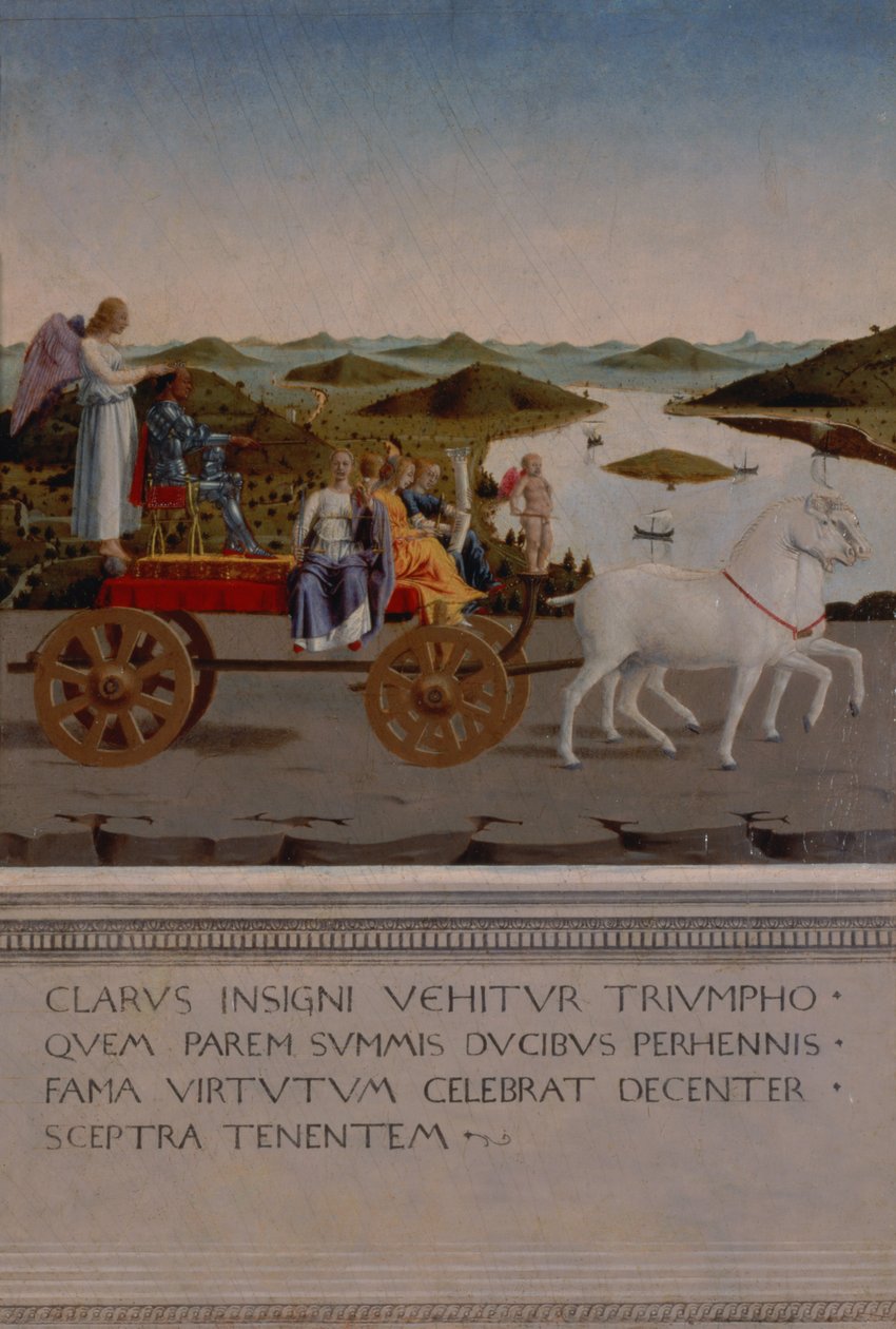 Triomf van Federigo da Montefeltro, Hertog van Urbino; Federigo en de vier Kardinale Deugden in een triomfwagen getrokken door witte eenhoorns, gevleugelde Overwinning houdt de hertogelijke kroon vast, geschilderd na 1474 door Piero della Francesca