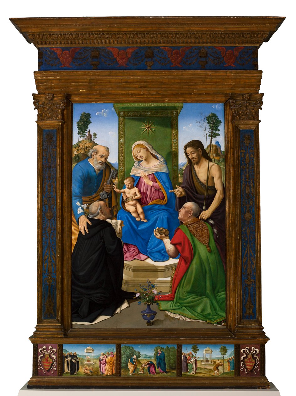 Madonna met Kind op de troon met de heiligen Petrus, Johannes de Doper, Dominicus en Nicolaas van Bari door Piero di Cosimo